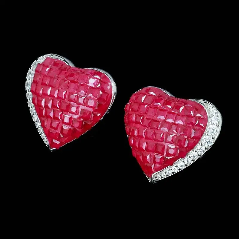 KQDANCE 925 Sterling Silver Synthetic Zircon Earrings Lab Grown Heart Ruby Fine Jewelry for Women's Valentines Birthday Gift