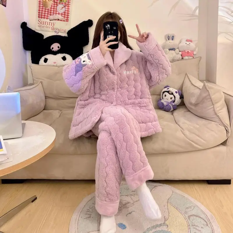 Miniso Flannel Flip Collar Thickening Three Layer Cotton Pajama Set Kawaii Kuromi Comic Girl Winter Keep Warm Home Clothes New