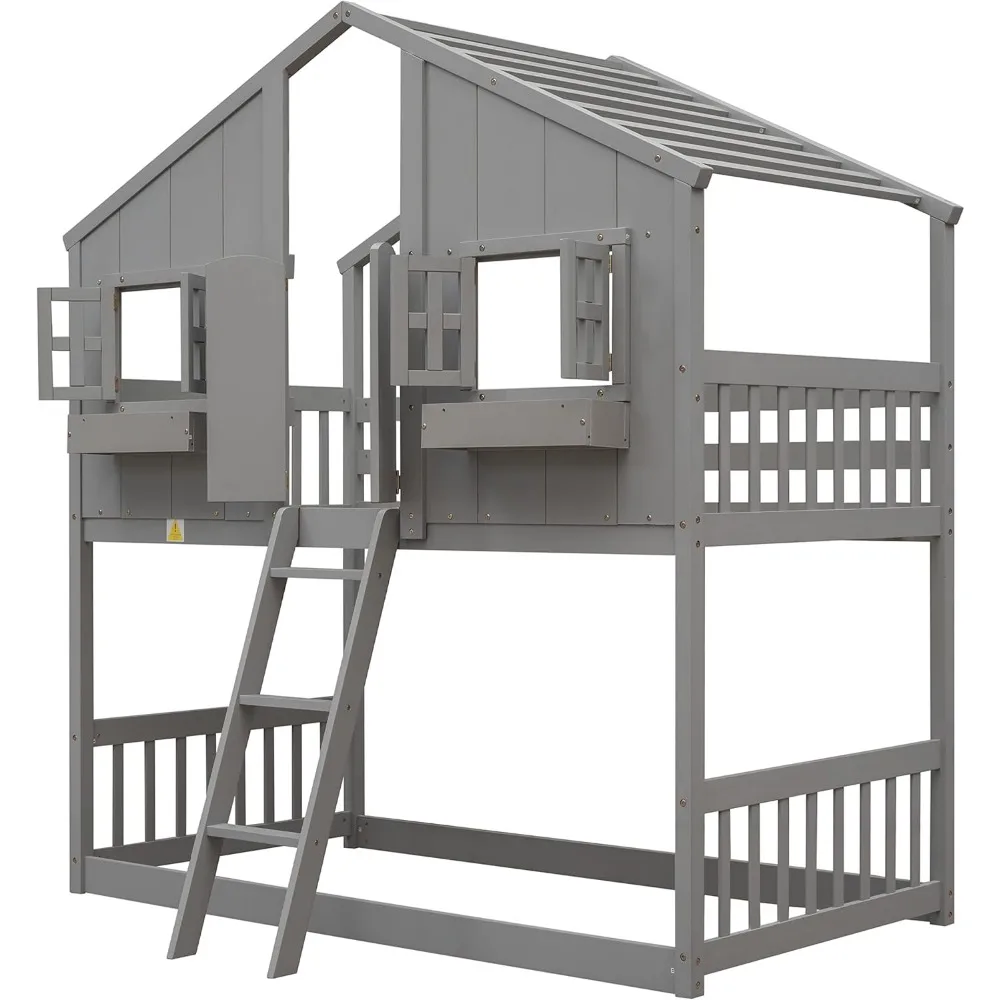 House Bunk Bed Twin Over Twin Wood Bunk Beds , Windows, Window Box and Small Door, Floor Bunk Beds with Ladder and Guard Rails image 3