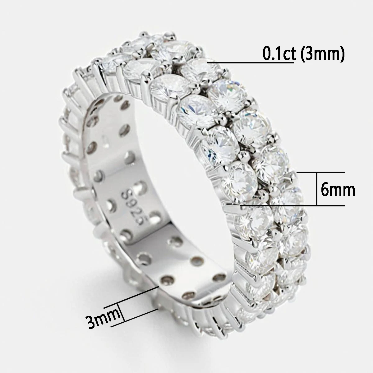 Натуральное кольцо из стерлингового серебра S925 с муассанитом, 3 ряда, 2 ряда, полный кольцо вечности, подарок на годовщину свадьбы и помолвку для женщин