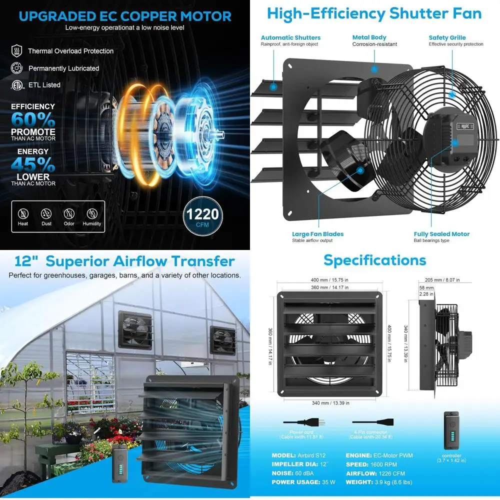 

12 Wall-Mounted Attic Fan with Adjustable Speed Controller, 1600 RPM, for Ventilation and Cooling in Attics, Garages, and Greenh