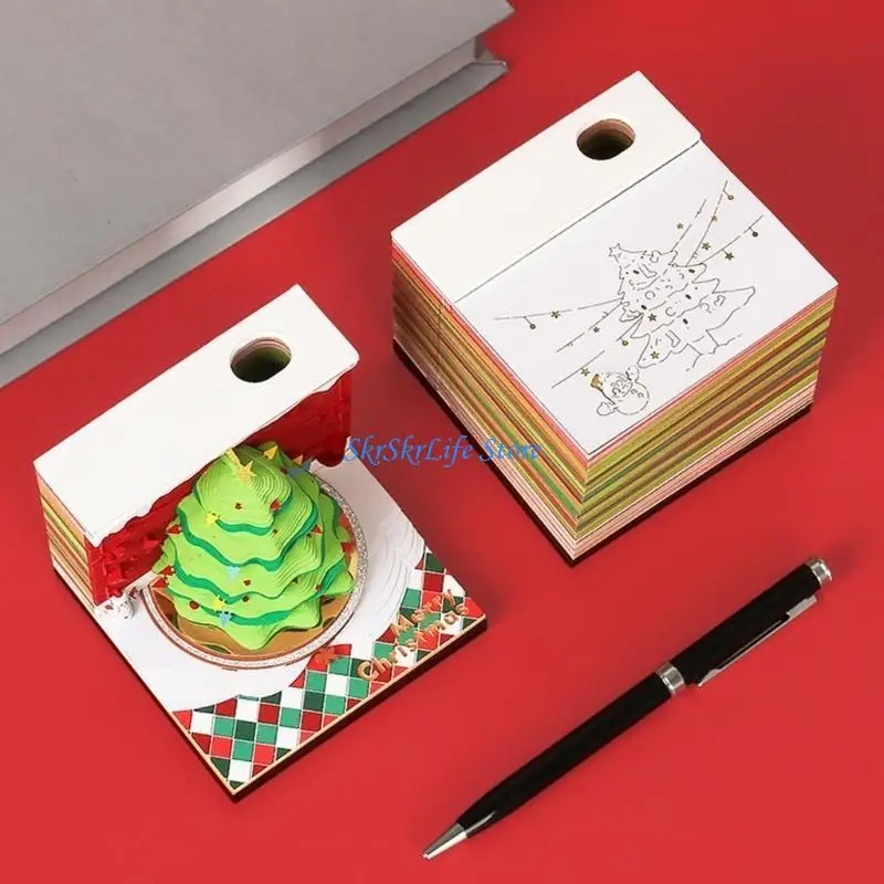 

E65E Christmas Paper Carving Art Note Pad Tearable Page for Desk Ornament, Paper Sculpture Notepads with Pencil Holder