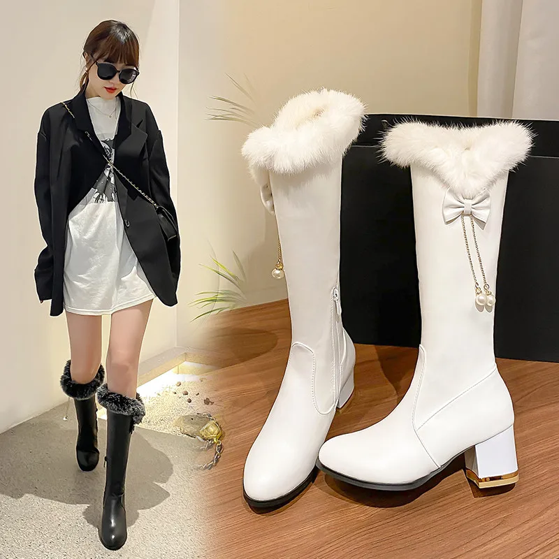

YQBTDL Sweet Rabbit Fur Plush Knee High Boots Pumps for Ladies Winter 2022 White Bow Chain Pearls High Heel Women's Pumps Shoes