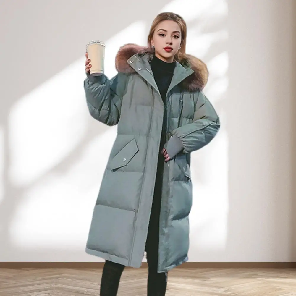 Cotton Coat With Hood Women's Winter Cotton Jacket With Furry Hood Heat Retention Knee Length Zip-up Coat For Windproof Outwear