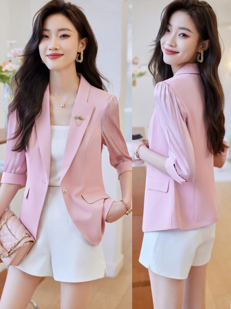 

Pink Short Thin Women's Spring Summer New Style Seven Sleeve Ladies' Suit Casual Versatile Slim Fit Polyester Fabric