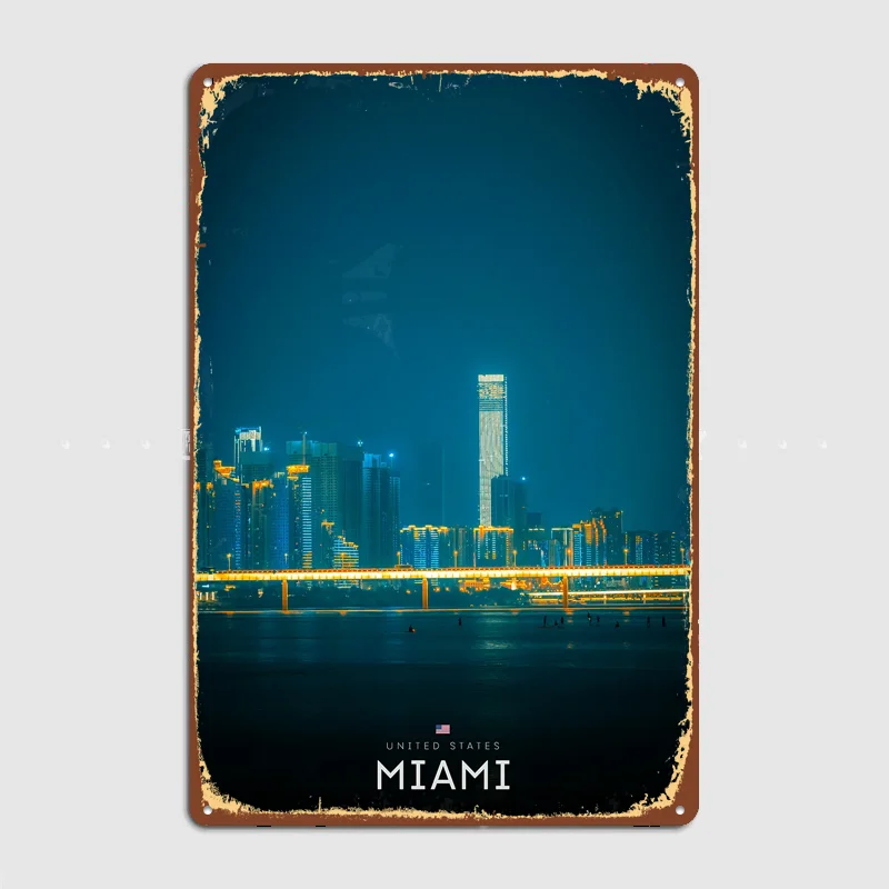 Miami Skyline Night Metal Custom Sign Living Room Wall Indoor Decor Room Decoration Bedroom Posters Home Decor