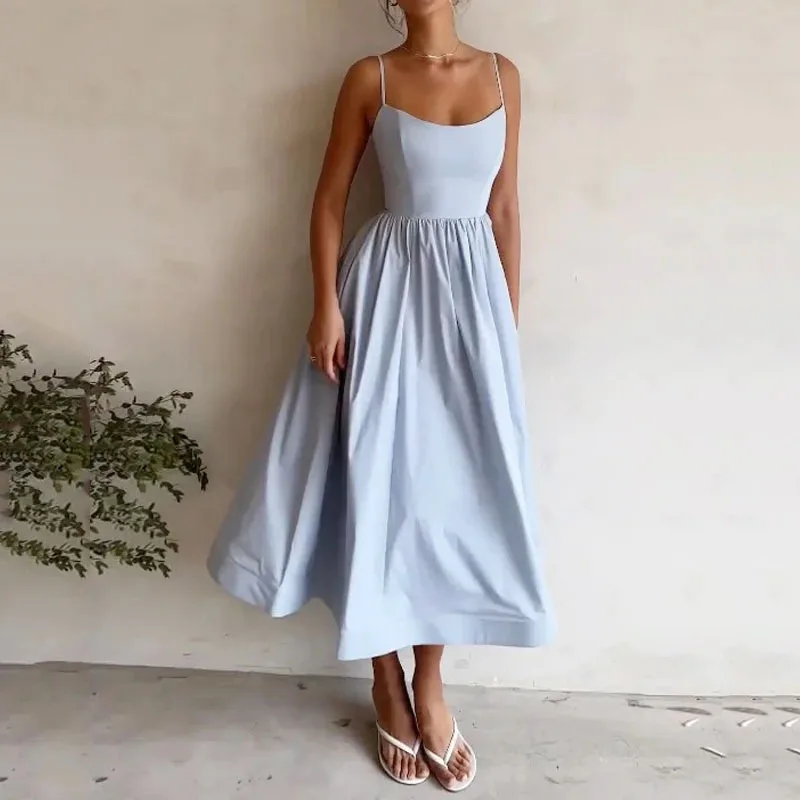 Solid Color Loose Suspender Dress Fashionable Casual Everyday Comfortable Woman Clothes High Waist U-neck Pleated Long Dresses