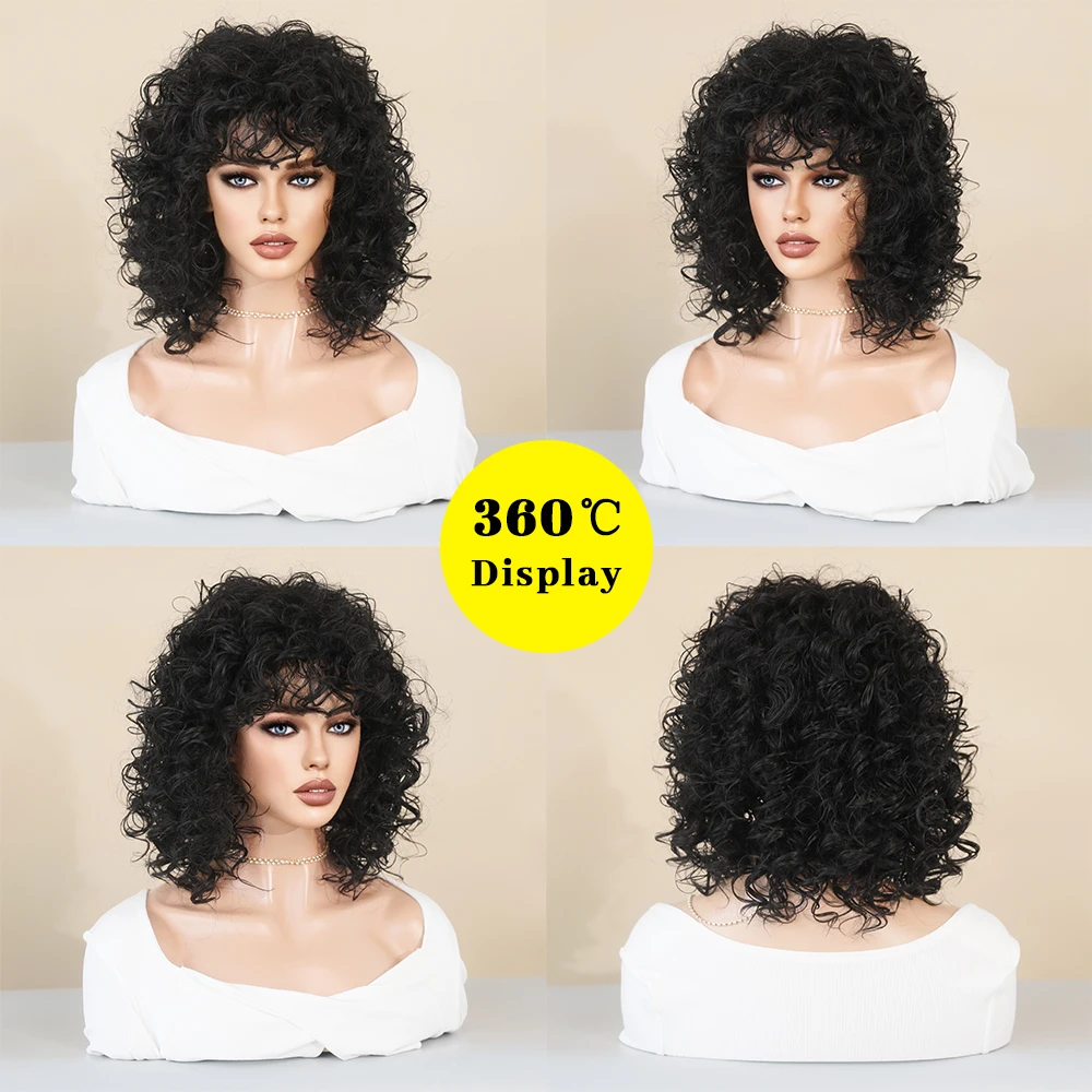 Natural Black Short Curly Hair Wig for Women Heat Resistant Synthetic Wig with Bangs Party Daily Use Afro Female Wig Hair