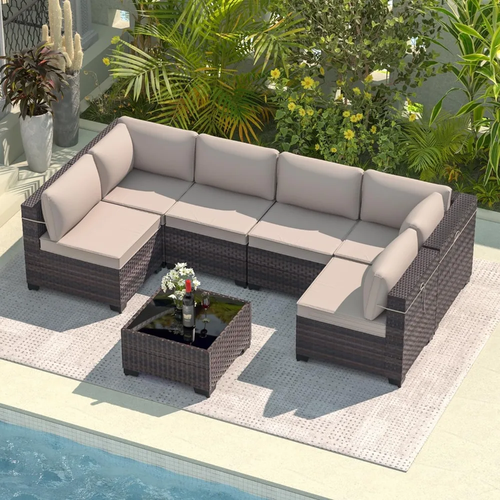 

7 Pieces Patio Furniture Set Wide Rattan Wicker Sofa Set Outdoor Sectional Furniture W/Thick Cushions & Glass Coffee Table,Sand