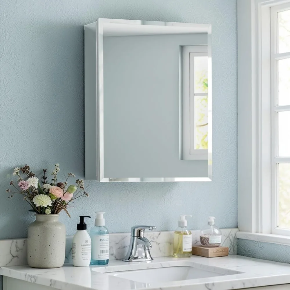 Large Beveled Bathroom Medicine Cabinet with Mirror Recessed or Wall Mount Aluminum Frame Adjustable Glass Shelf