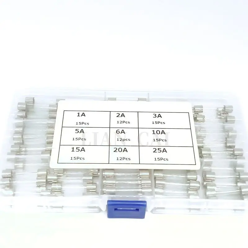 9Kinds 126pcs 6*30 Fast-blow Glass Tube Fuses Car Glass Tube Fuses Assorted Kit 5X20 with Box fusiveis 1A-25A Household Fuses