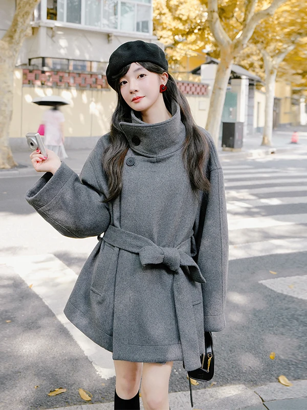 Cappotto di Lana con Collo Alto Ele ey per Donna, Nuovo Modello Autunno Inverno 2025, Taglia Piccola con Vita Stretta, Giacca in Tweed