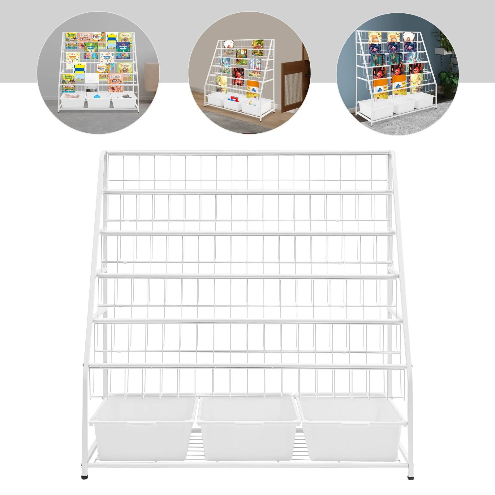 

5 Tiers Iron Book Display Rack,White Freestanding Bookshelves with 3 Storage Boxes 36.5*89*92.5cm for Studios,Dens