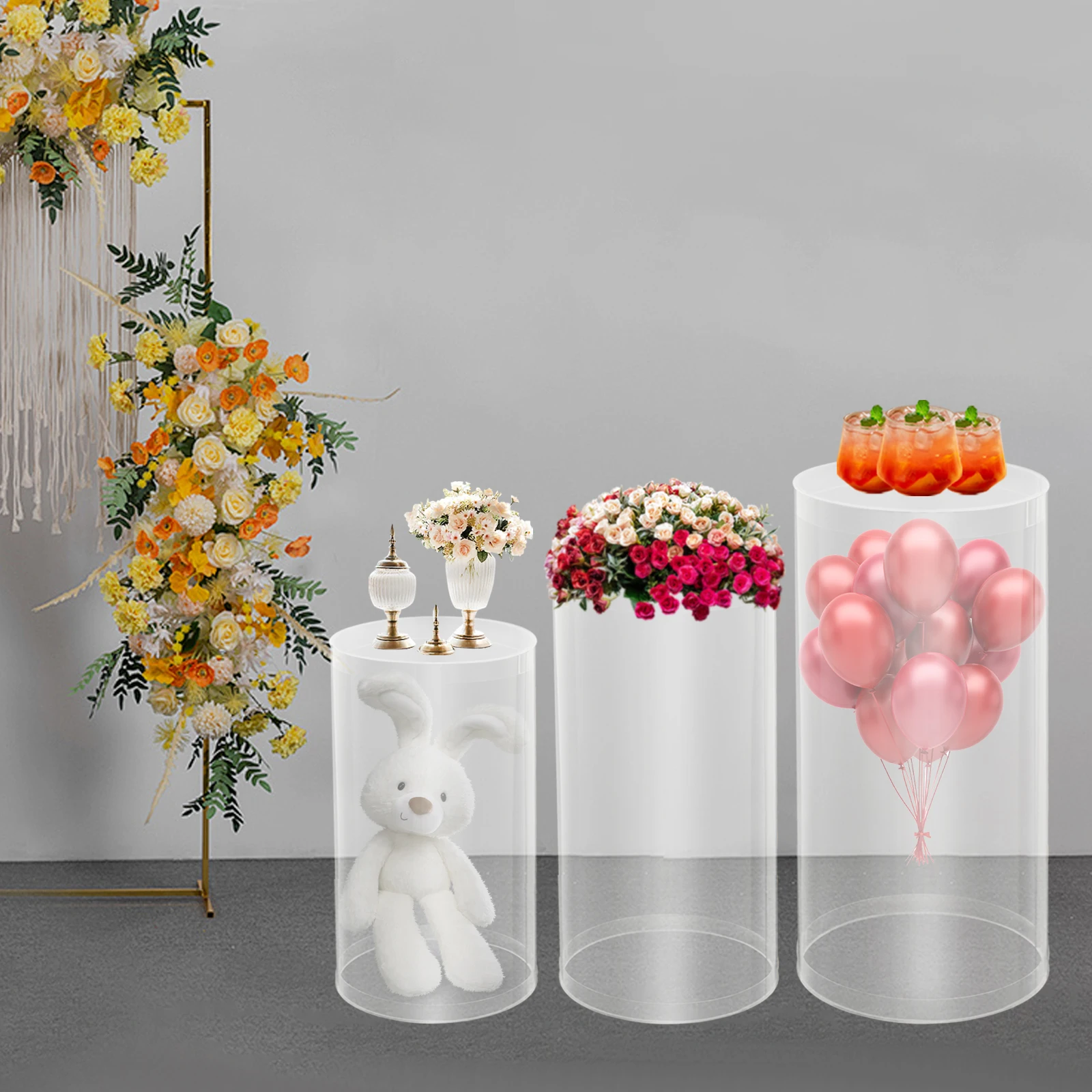 

3 Pieces (60-90cm) Wedding Transparent Cylindrical Flower Stand High Load-bearing Display Stand Banquet Cake Display Base