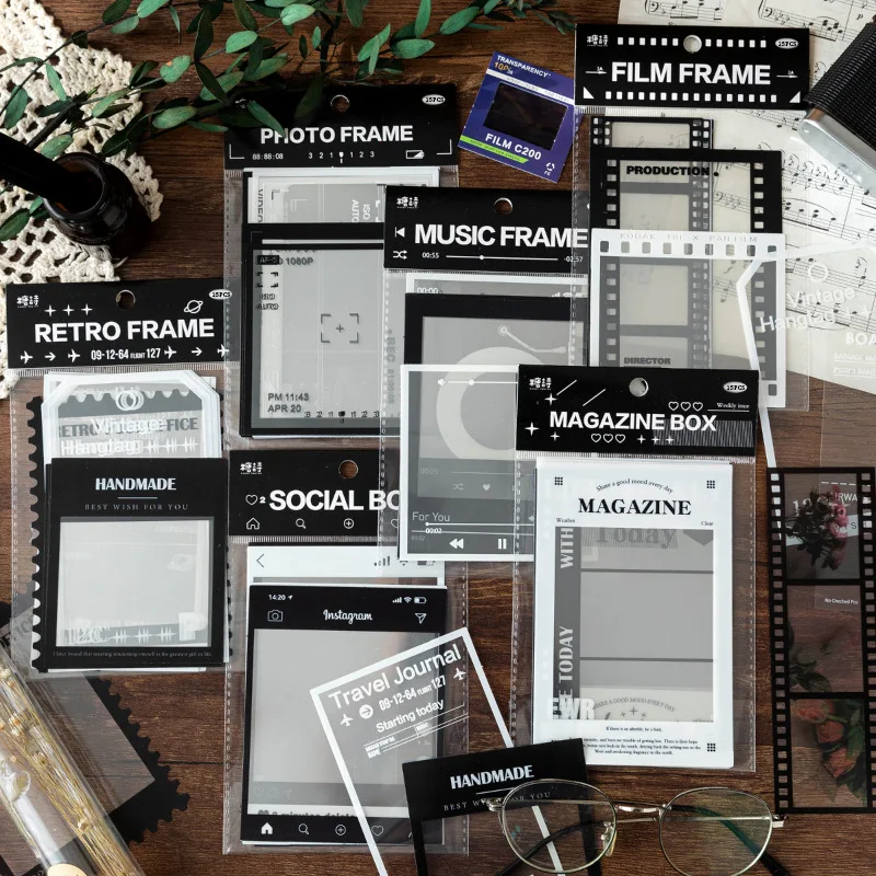 15pcs/pack Transparent PET Frame Stickers Decor Junk Journal Scrapbooking Background Collage Vintage Materials Stickers