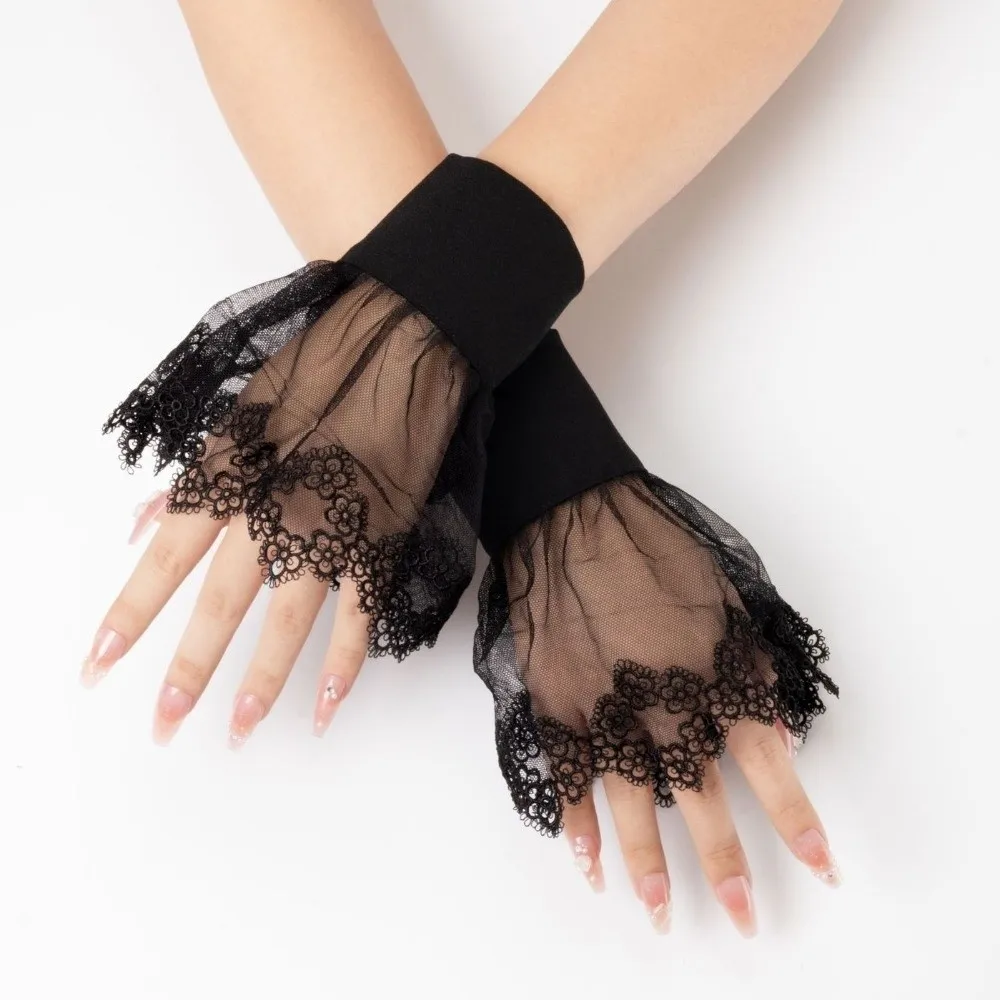 

Elegant Lace False Cuffs Pleated Flare White Floral Detachable Fake Sleeves Elastic Wrist Embroidery Bridal Accessories