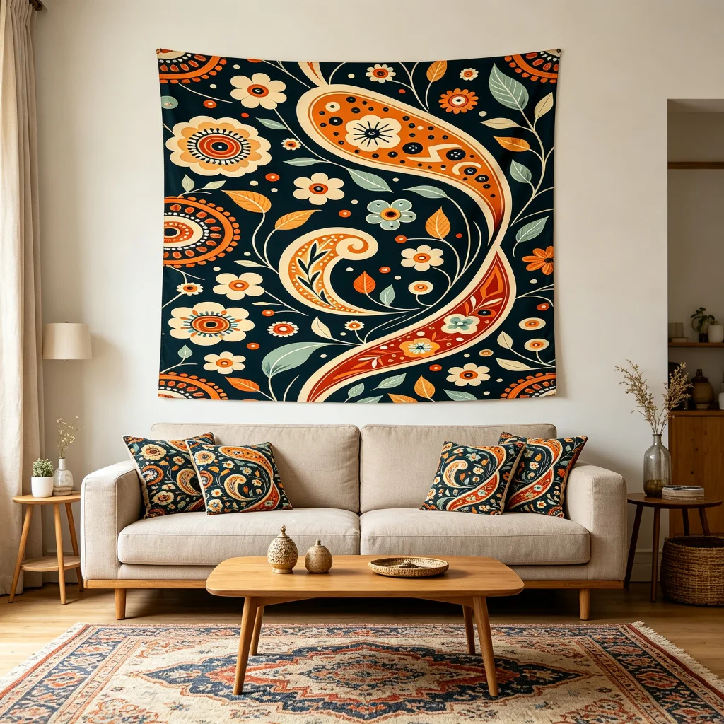 1PC Paisley Orange Art Print Backdrop Banner, Bedroom Living Room Photo Background, Polyester, Home Decor, Wall Art