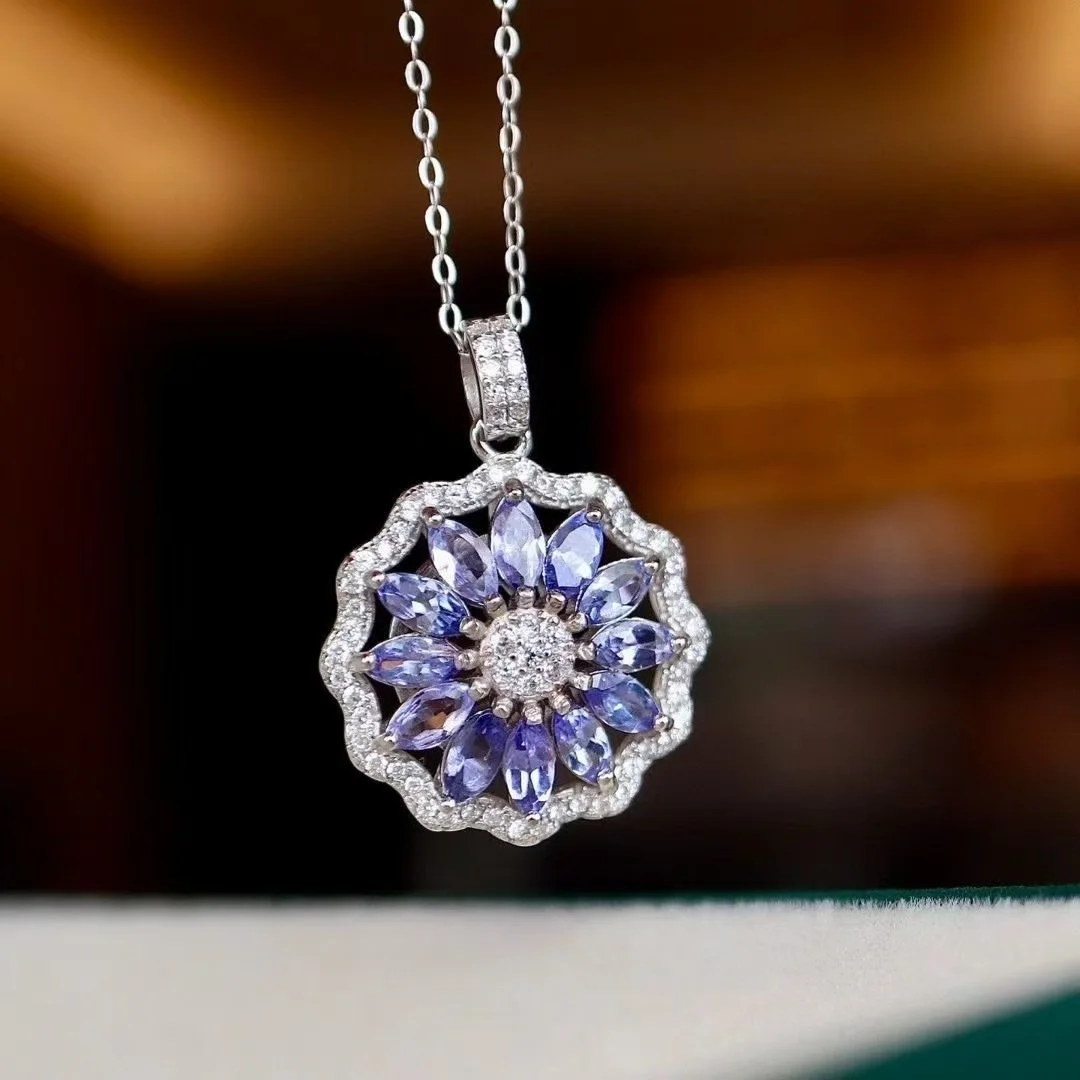 925 Sterling Silver Natural Tanzanite Big Carat Sunflower Jewelry Set Tanzanite Daisy Pendant & Rings For Women Luxury Jewellery
