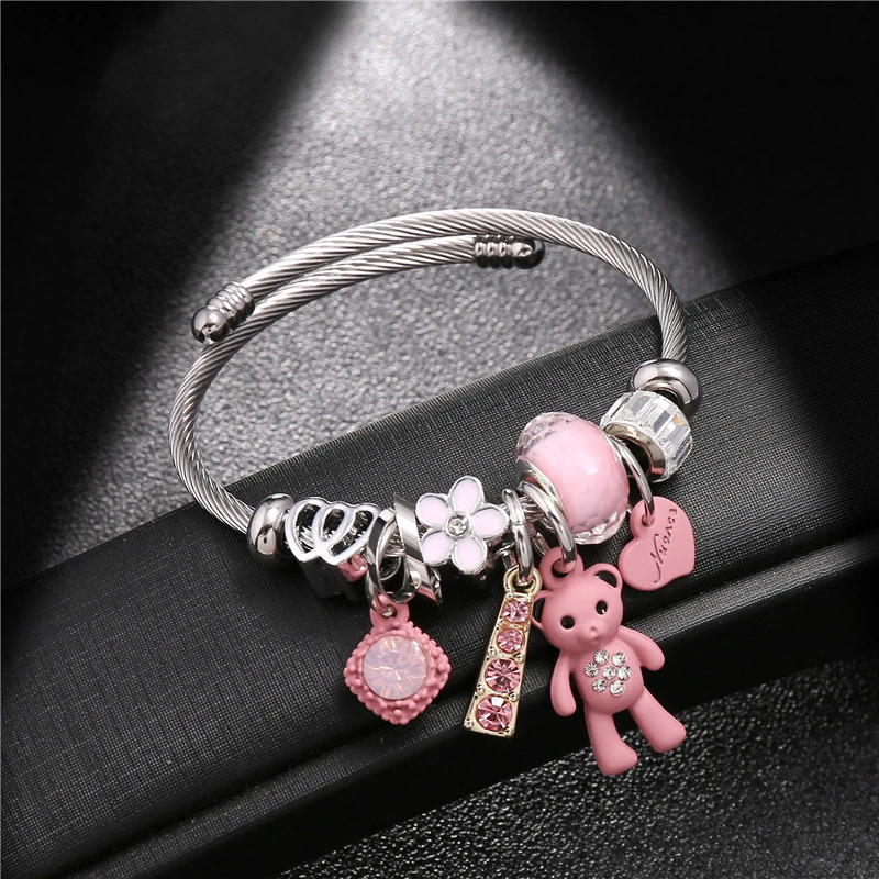 Pulseras y brazaletes de moda de acero inoxidable para mujer, joyería DIY, colgante de oso Rosa grande, corazones, amor, brazalete, dijes