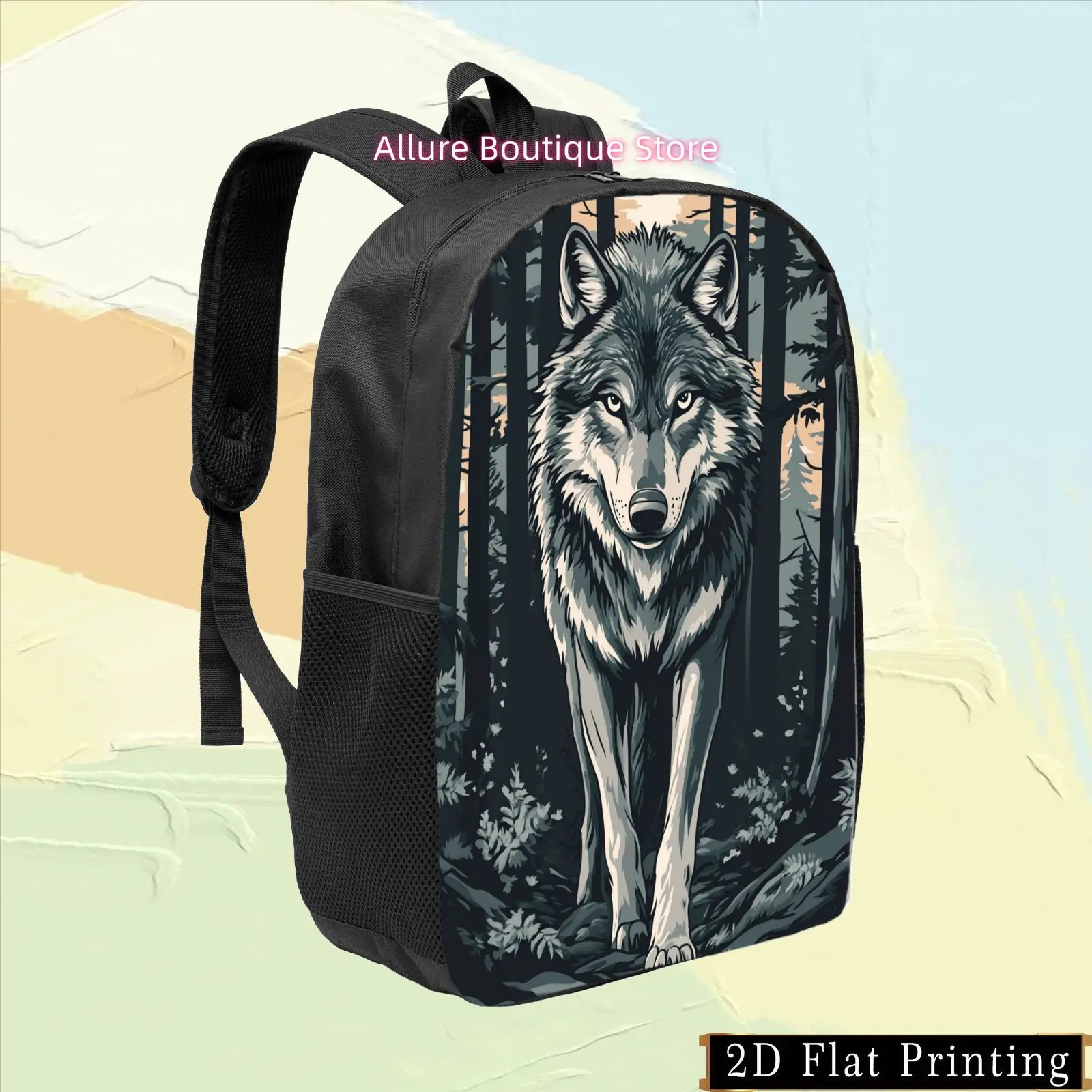 1pc Colorful Single-Sided Print Student Backpack with Forest Wolf Design, Hand-Washed Shoulder Bag with Zipper and Waist Protect
