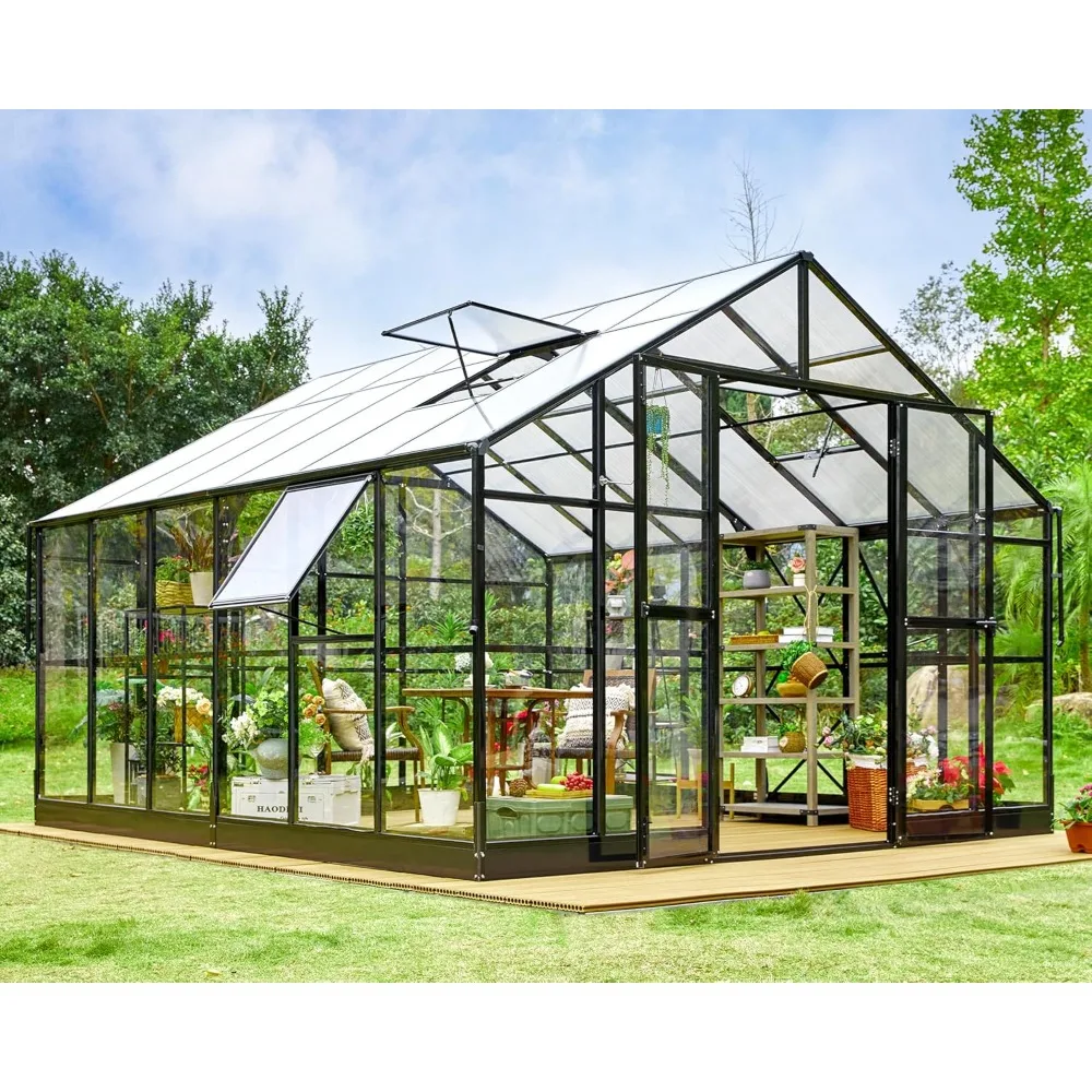 Polycarbonate Greenhouse - Outdoor Aluminum Greenhouse with 4 Ventilation Devices, Walk-in Backyard Greenhouse Garden Buildings