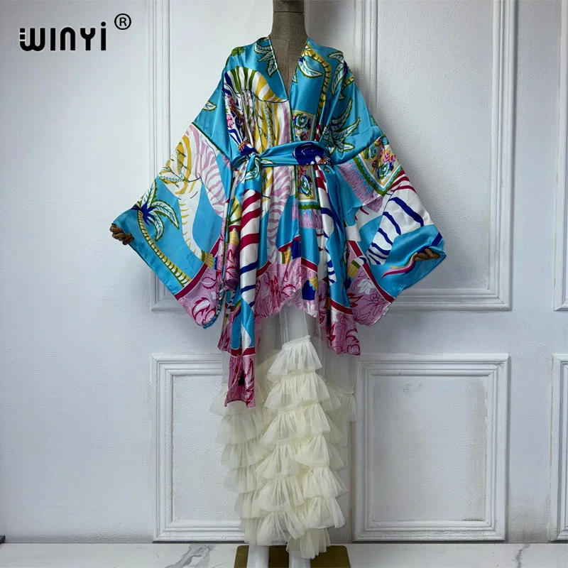 WINYI Catwalk Kimono Women Printed bubble hem coat Long Sleeve Cardigan abaya dubai luxury beachwear Cover Up boho dress kaftan