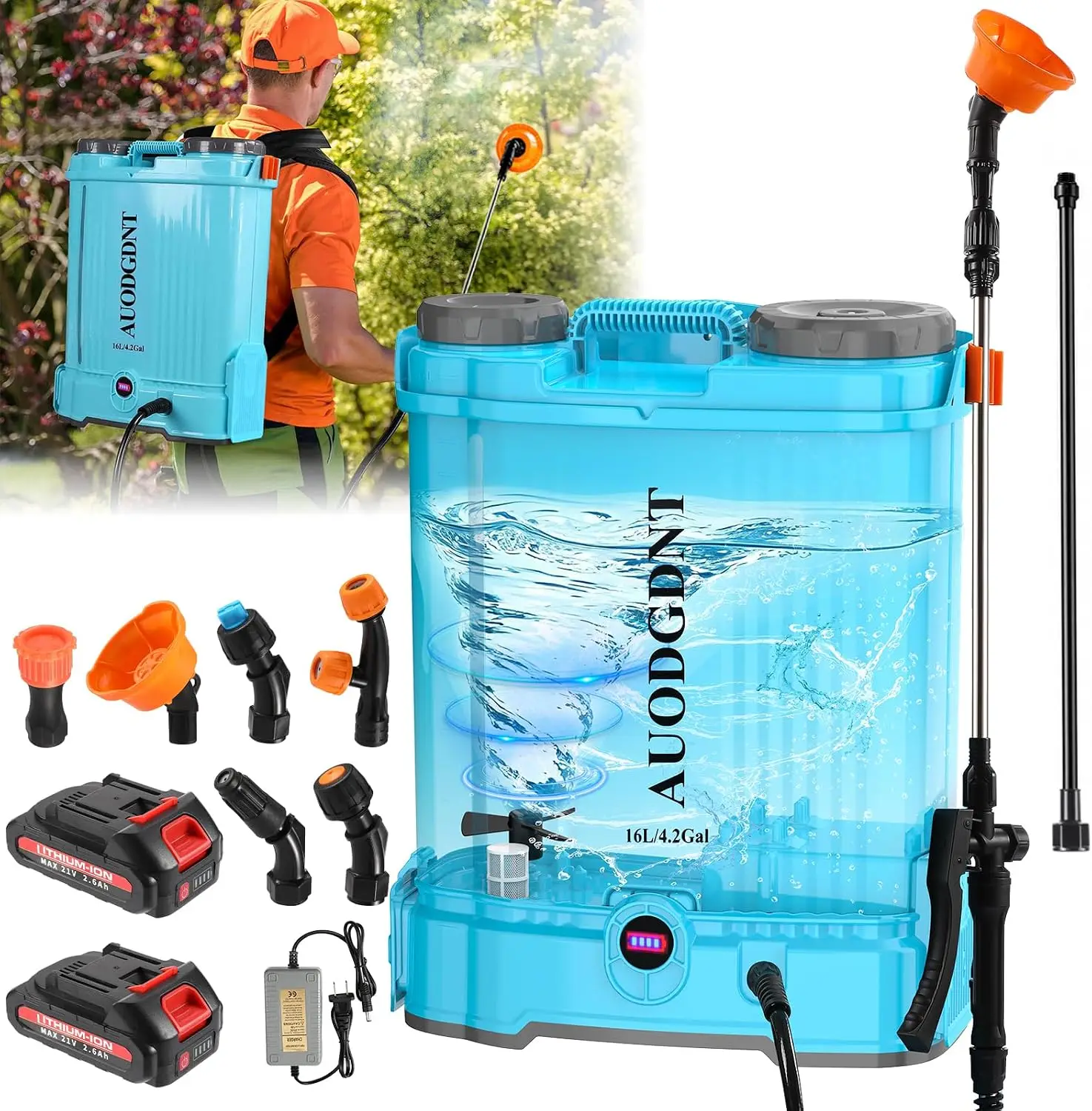 Battery Powered Backpack Sprayer 4.2 Gallon Auto Mixing System Dual Battery Setup Compatible 21V Power Source Two Interchangeabl