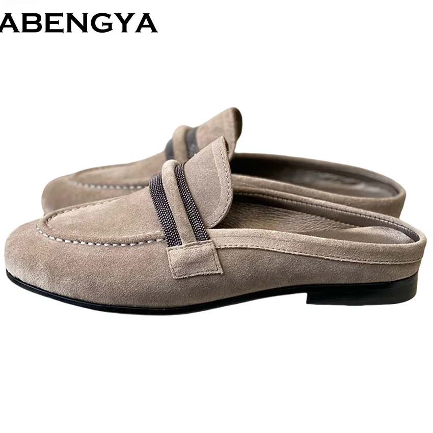 

Summer Suede Leather Half Flat Slippers Women Loafers String Bead Outdoor Slides Leisure Holiday Beach Shoes For Woman Slippers
