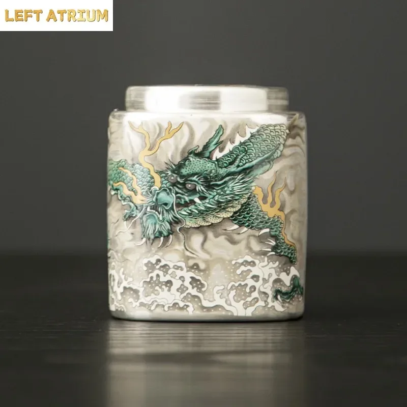Qinglong Handmade Silver Ceramic TeaCan Mini Small Portable Sealed Can Chinese Moisture-proof Ash-proof Storage Practical TeaCan