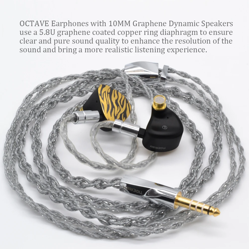 Tigerism New Octve 10mm Graphene Dynamic Drive Earphone 1DD HiFi IEMs Music Earbuds With 4 Core Silver Plated 0.78mm 2Pin Cable