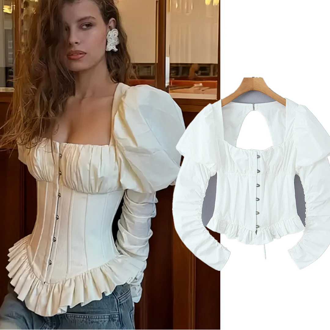 

Maxdutti Women's Blouses And Shirt Ins Fashion Blogger Slim Woman clothing Women's Shirt French Vintage Puff Sleeve White Shirt