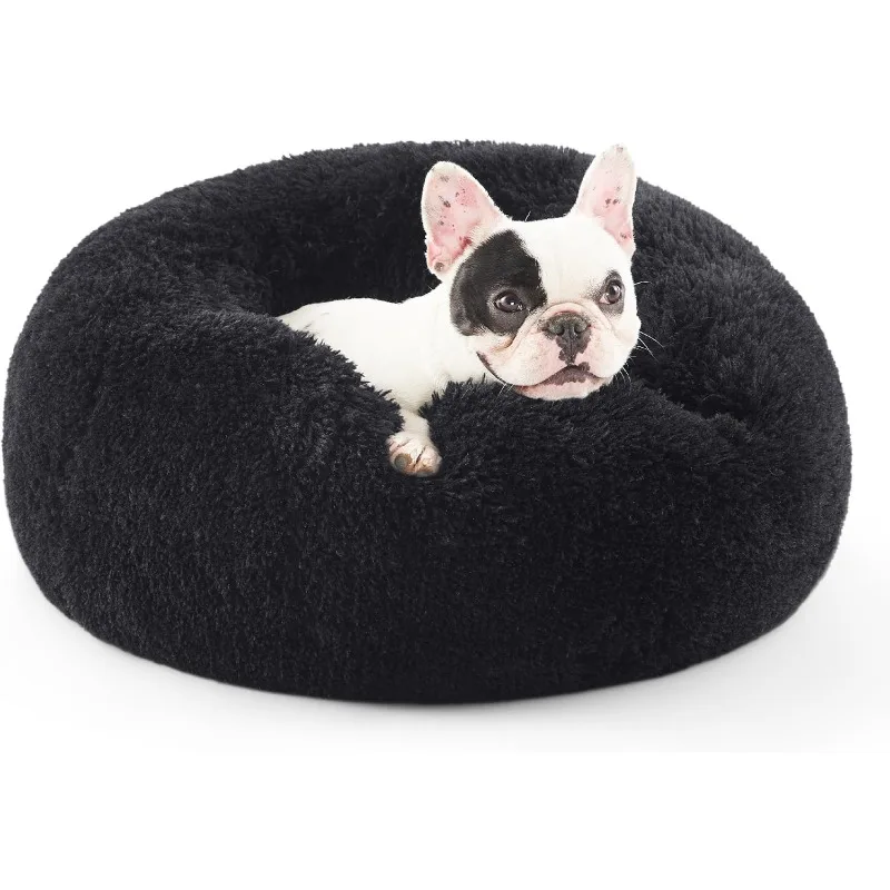 Calming Dog Bed for Small Dogs - Donut Washable Small Pet Bed, 23 inches Anti-Slip Round Fluffy Plush Faux Fur Large Cat Bed