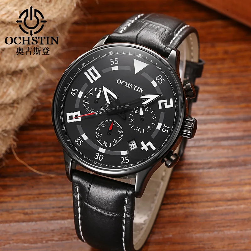 

OCHSTIN кварцевые часы для мужчин с кожаным ремешком, роскошные оригинальные спортивные часы с хронографом ​ Мужские водонепроницаемые наручные часы Мужские часы