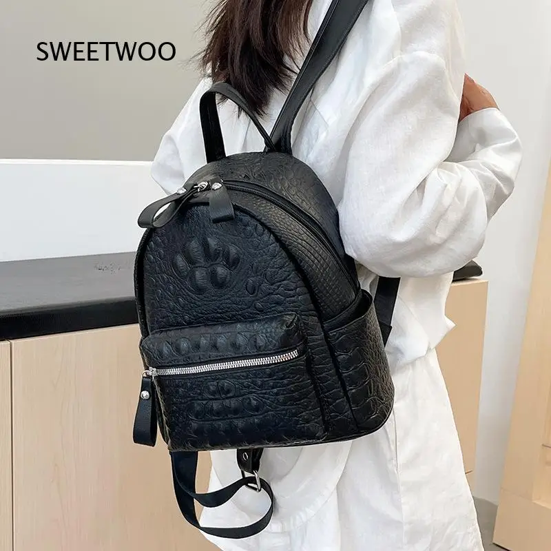 Crocodile Embossed PU Mini Rucksack For Women White Embossed Logo Casual Daily Travel Small Backpack