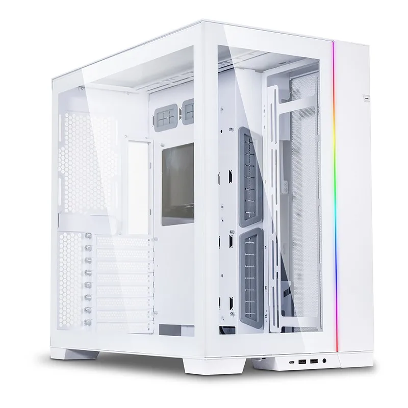 monochrome gaming large transparent glass chassis desktop computer flips the main chassis