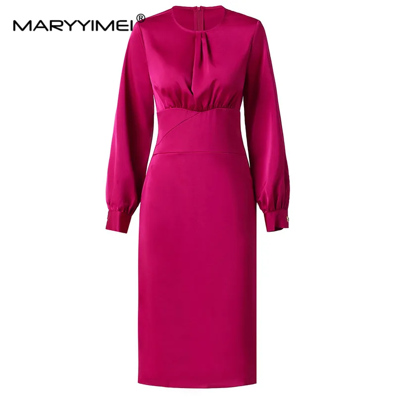 

MARYYIMEI New Fashion Runway Designer Women's Round Neck Long Sleeve Elegant Temperament Patchwork Closed Waist Slim-Fit Dress