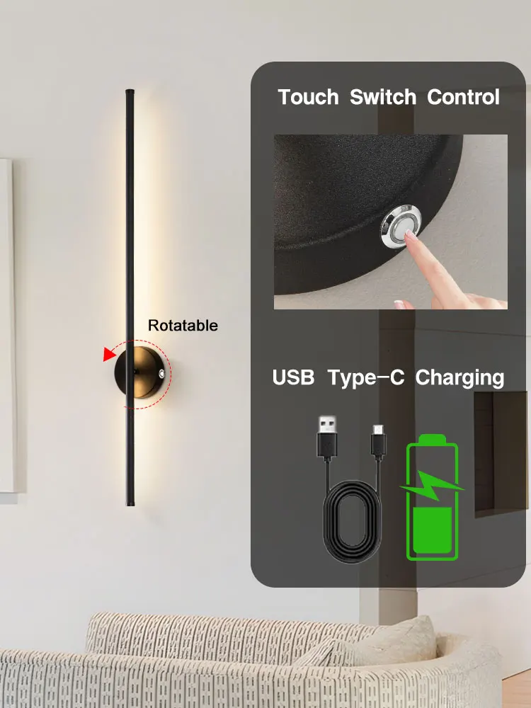 

Indoor Rechargeable Battery LED Wall Lamps with Remote Control USB Wireless Touch Switch Brightness Dimming Wall Lighting Sconce