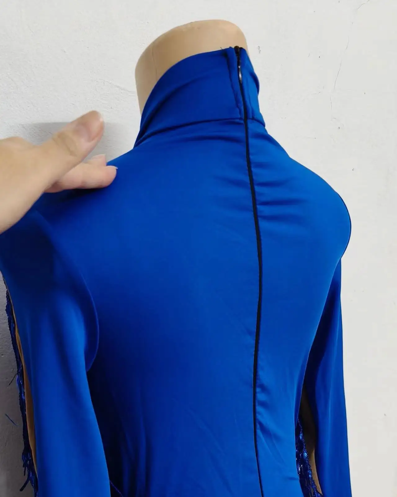 Blauwe pailletten kwastje strass bodysuit Latin pole jazzdans zangeres bar nachtclub sexy transparante DJ Gogo podiumkleding