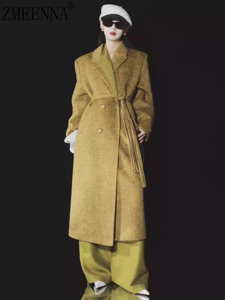 

ZMEENNA Belted Wool Blend Overcoat For Women Stylish Long Winter Coat With Notched Lapel Warm Chic Outerwear Elegant ZM3472