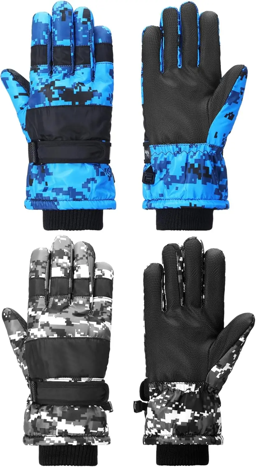 

2 Pairs Kids Waterproof Winter Snow Gloves for Boys Girls Outdoor Ski Warm Thickening