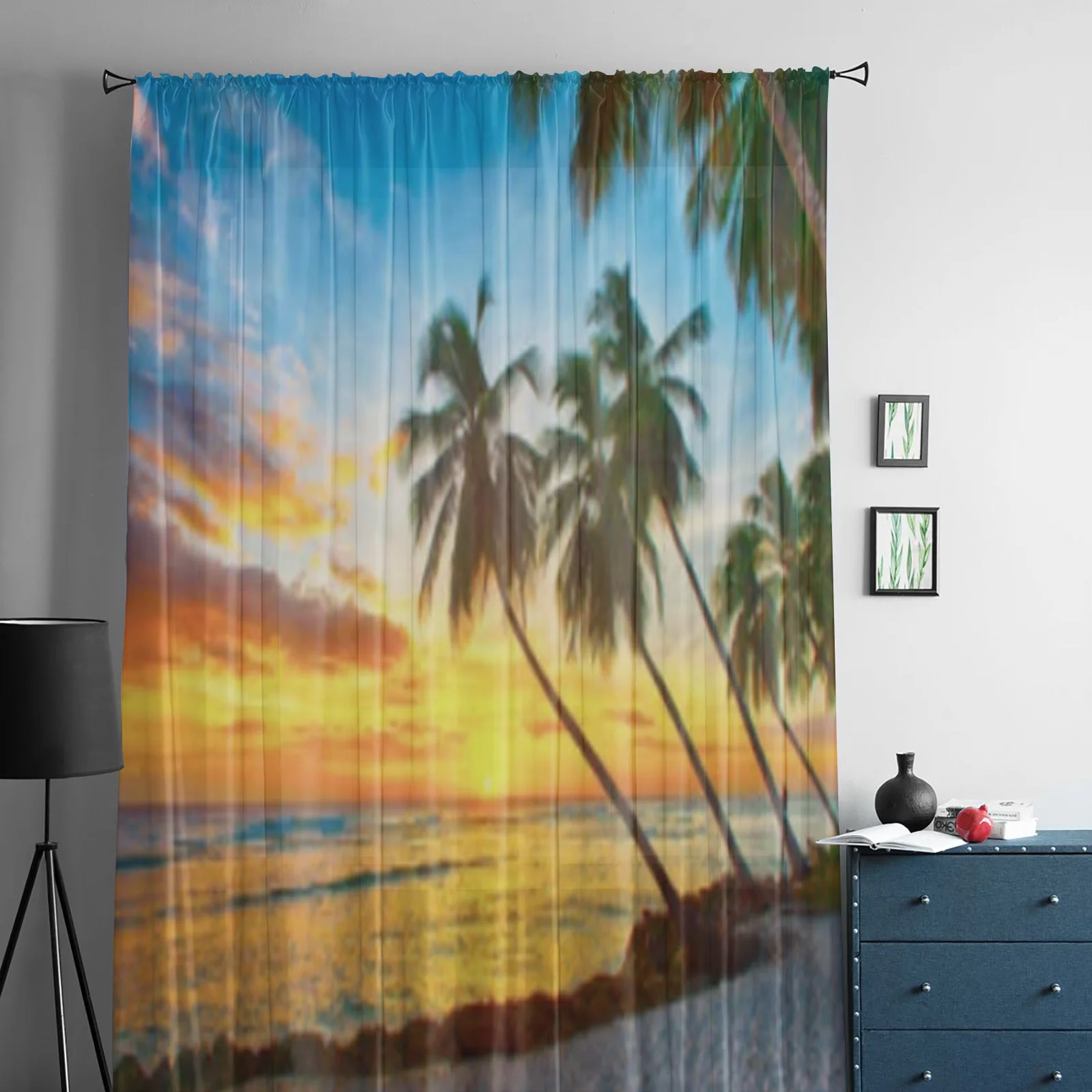 Sunset Over Sea View Palms Beach Island Barbados Sheer Curtains for Living Room Modern Bedroom Voile Tulle Curtain Window Drapes