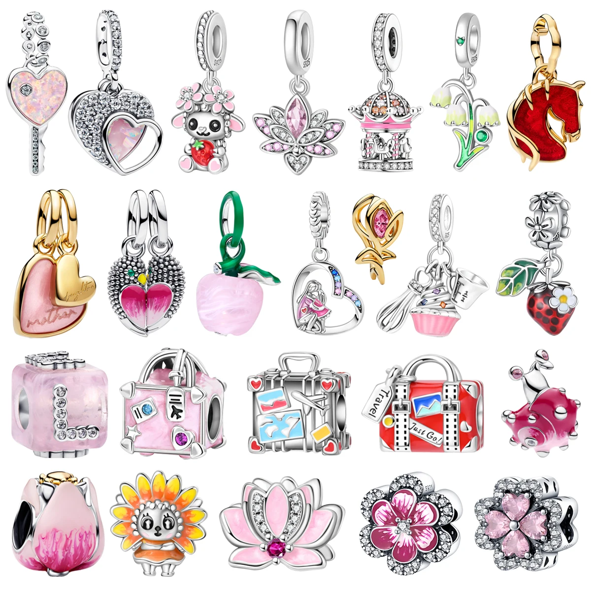 

New Original 925 Sterling Silver Pink Apple Snail Heart-shaped Flower Pendant Bead fit Womens DIY Bracelet Necklace Jewelry Gift