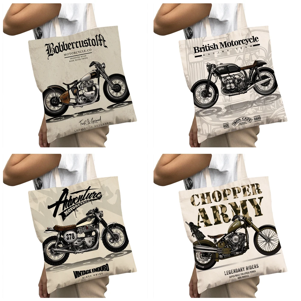 Bolso de compras informal de gran capacidad con dibujos animados para mujer, bolsa de compras de estilo Vintage con calavera para motocicleta, bolso de mano de lona a la moda para estudiante