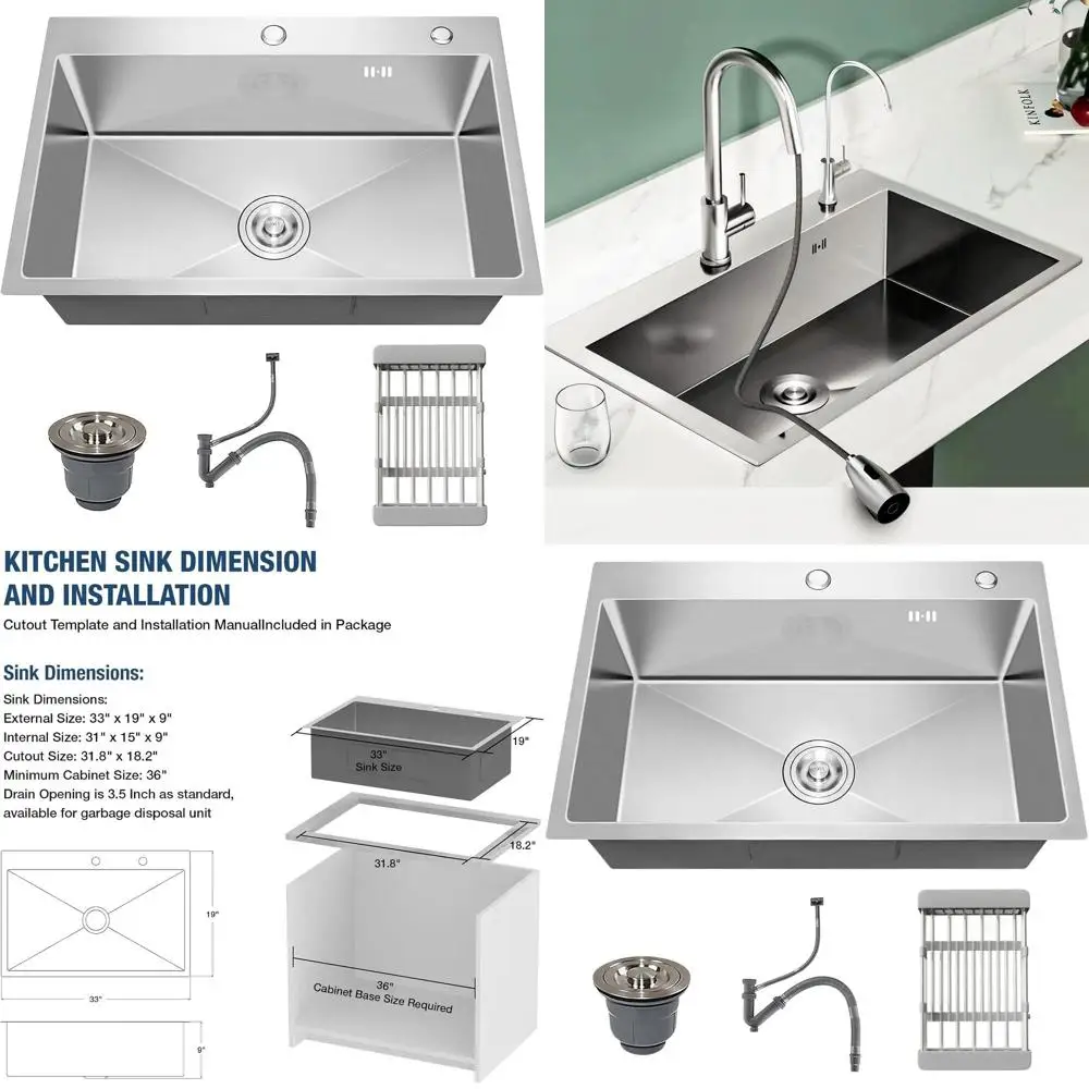 

Глубокая одинарная кухонная мойка для установки в столешницу, 33 x 19, из нержавеющей стали с нанопокрытием, подходит для кухни и прачечной, Inc.