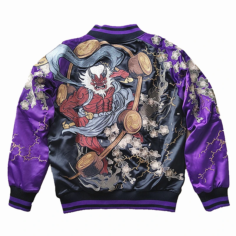 NOWOŚĆ Fujin vs Raijin Purple Men Boys Heavy Work Embroidered Sukajan Souvenir Jacket High Street Wysokiej jakości płaszcze Jesień Wiosna