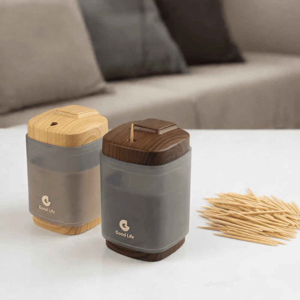 Push Automatic Toothpick Dispenser Pop-Up Wood Grain Toothpick Holder Large Capacity Hygienic Toothpick Box Dining Table