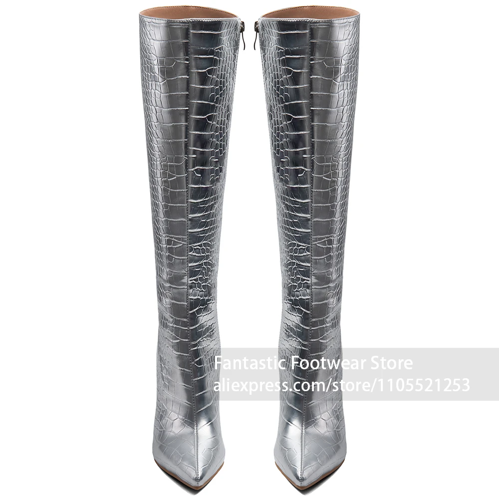 Silver Embossed Upper Boots Chunky Block High Hee Slip-on Straight Tall Shaft Metallic Shiny Finish Pointed Toe Knee-High Boots