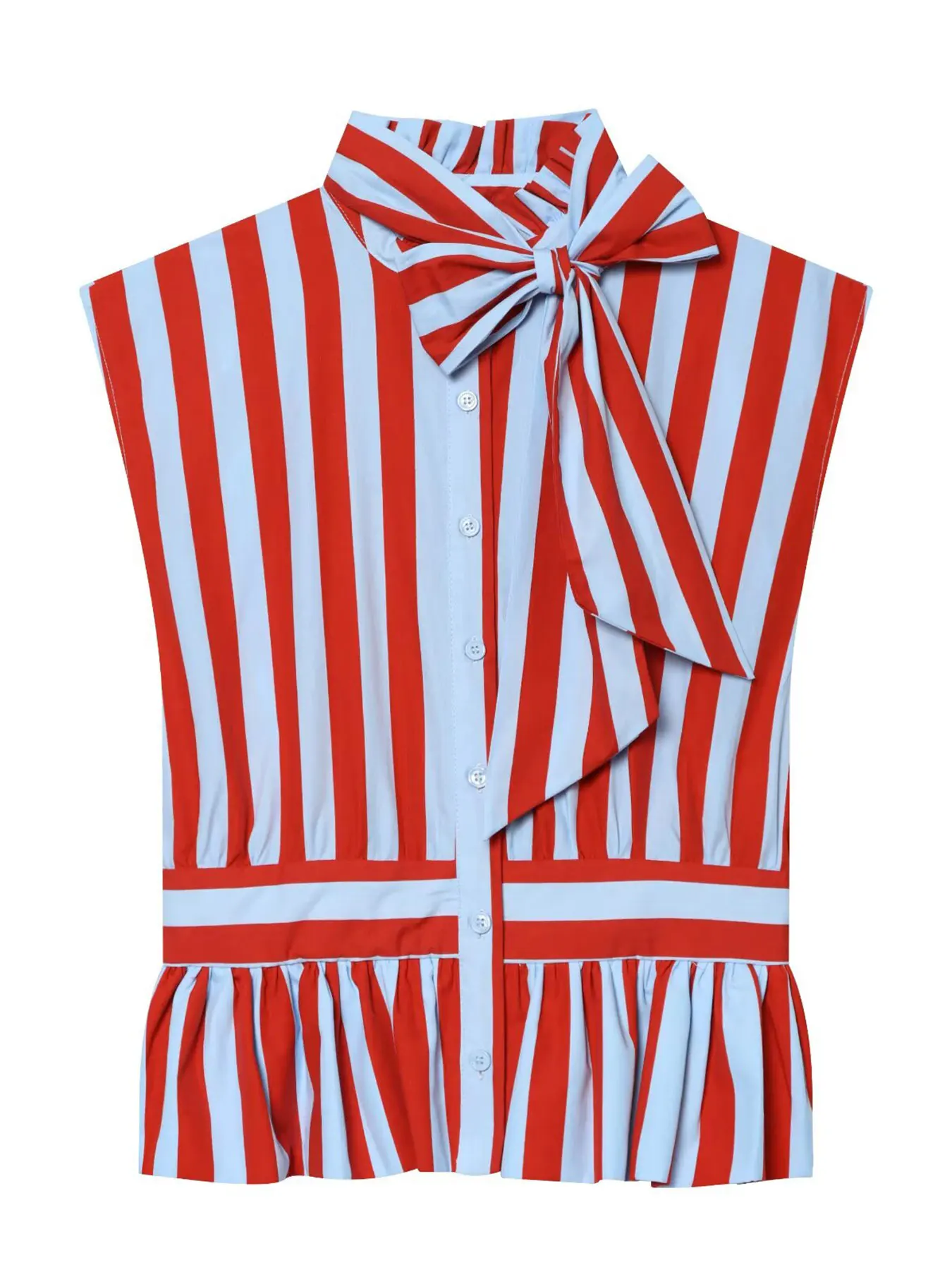 HH Women Elegant Fashion Red Blue Stripe Blouse Bow Tie Neck Single Breasted Sleeveless Shirt Casual Women High Street Chic Tops view 4