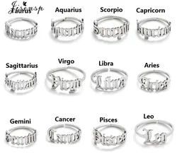 Stainless Steel 12 Constellations Finger Rings for Women Simple Zodiac Sign Adjustable Ring Gemini Pisces Libra Birthday Gifts