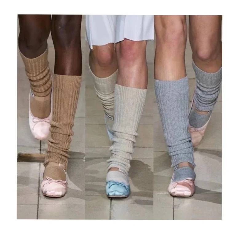 

White Calf Socks Bandage Dress Winter Mid-Calf Socks Vertical Stripes Bunching Socks Cashmere Knee Socks